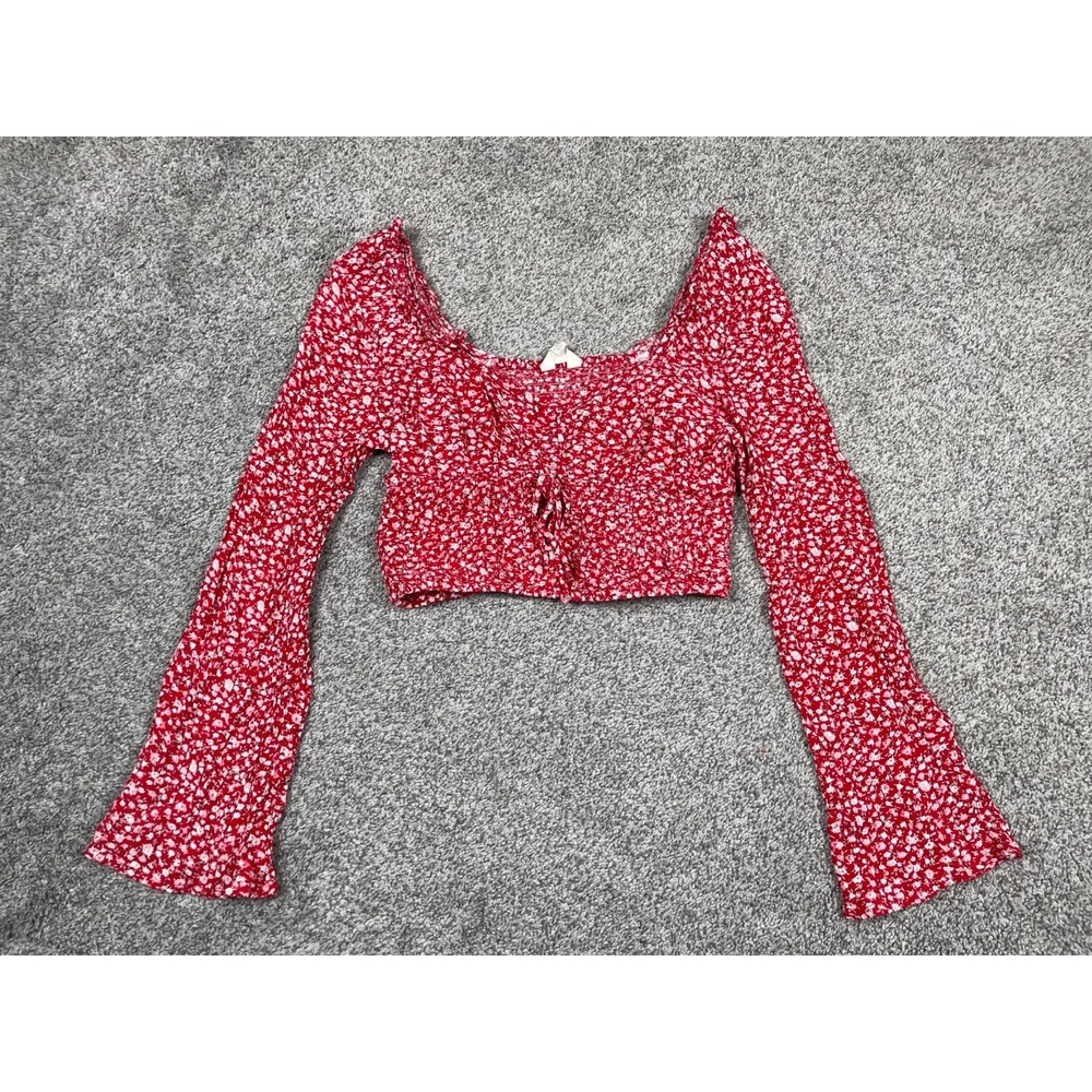 Sim & Sam Shirt Womens Small Red Ditsy Floral Milkmaid Crop Bell Sleeve Boho Top